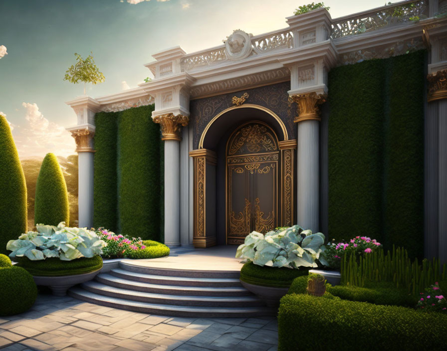 Golden ornate door in classical arch with hedges and flowers under serene dusk sky