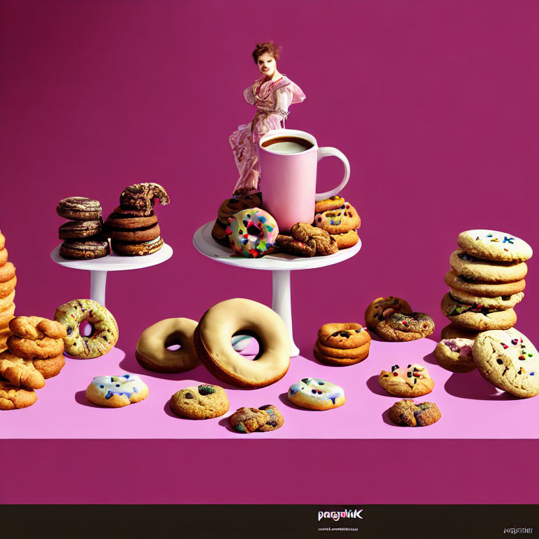 Colorful display of cookies, donuts, mug, and figurine on tiered stand against pink