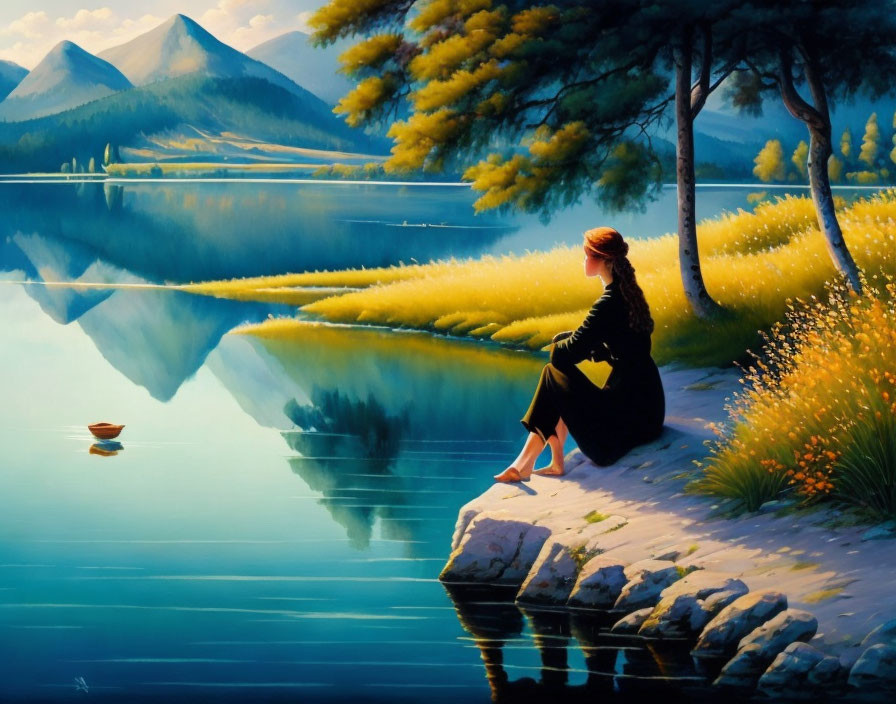 Tranquil painting of woman by serene lake with mountain reflection