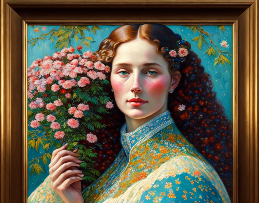 Portrait of woman with reddish hair and pink flowers against blue floral backdrop