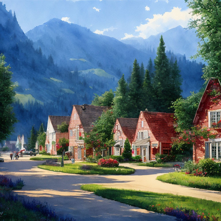 Charming village street with blooming gardens and mountain backdrop