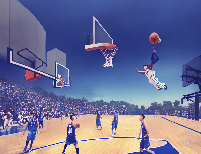 Stylized basketball game scene with player dunking in mid-air.