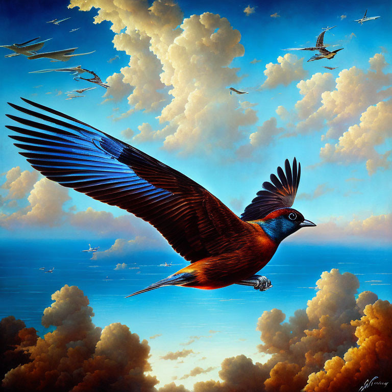 Colorful bird flying in blue sky with clouds and distant birds