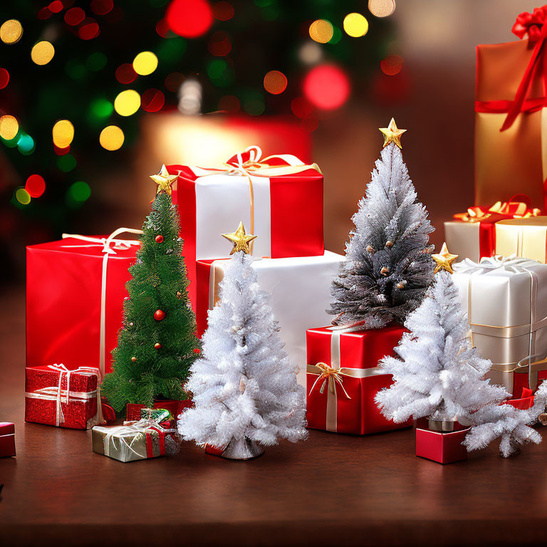 Red and White Gift Boxes with Golden Ribbons and Christmas Trees in Festive Setting