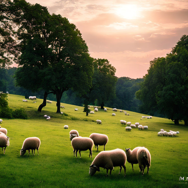 Tranquil Sunset Pasture with Grazing Sheep & Trees