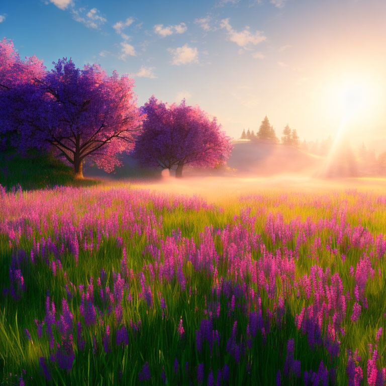 Tranquil sunrise over lavender field with pink blossoming trees