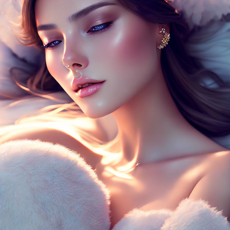 Detailed close-up of woman with flawless makeup and elegant earring in soft pink lighting.