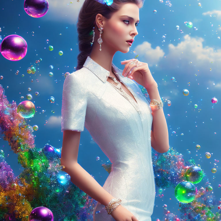 Elegant woman in white dress surrounded by colorful bubbles and surreal foliage