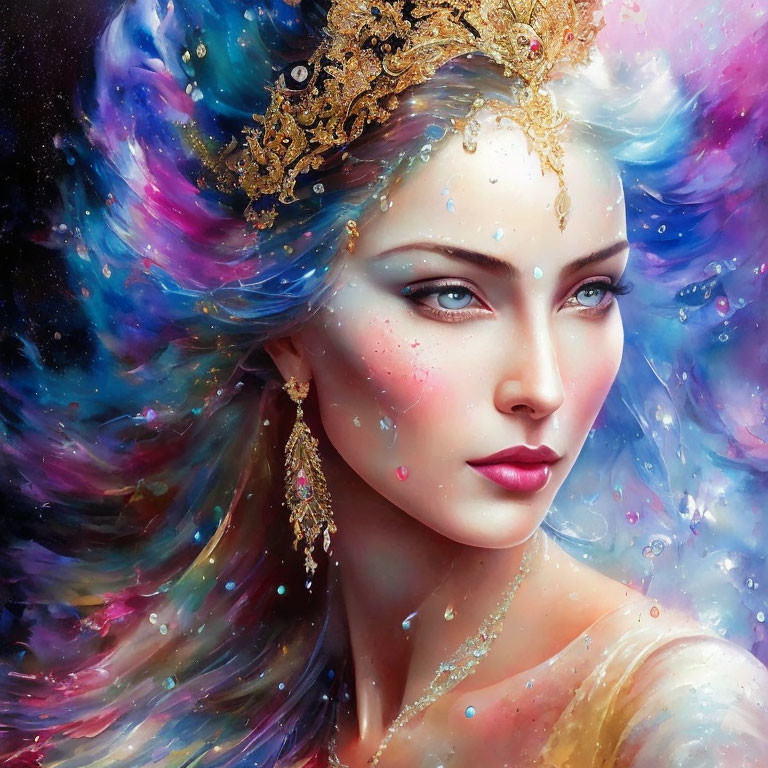 Vibrant multicolored hair woman with golden crown and face jewels