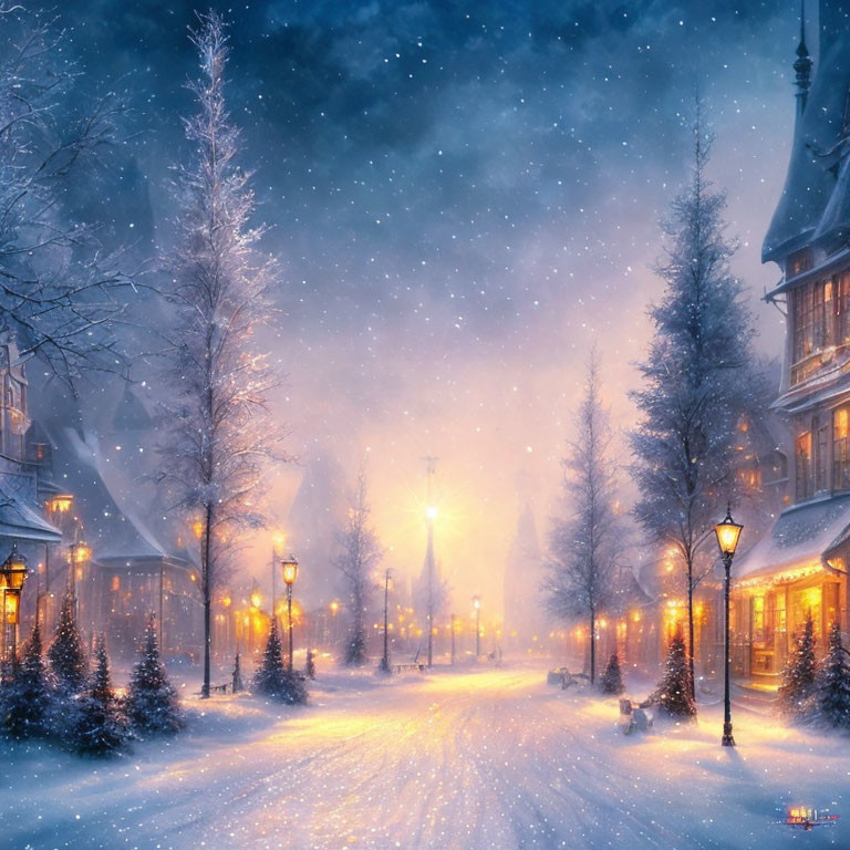 Snow-covered trees and charming building in a winter night scene