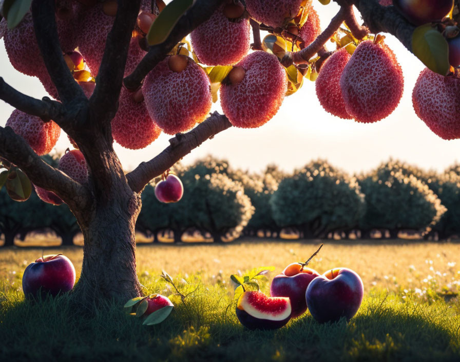 Orchard scene: Red apples on tree at sunset