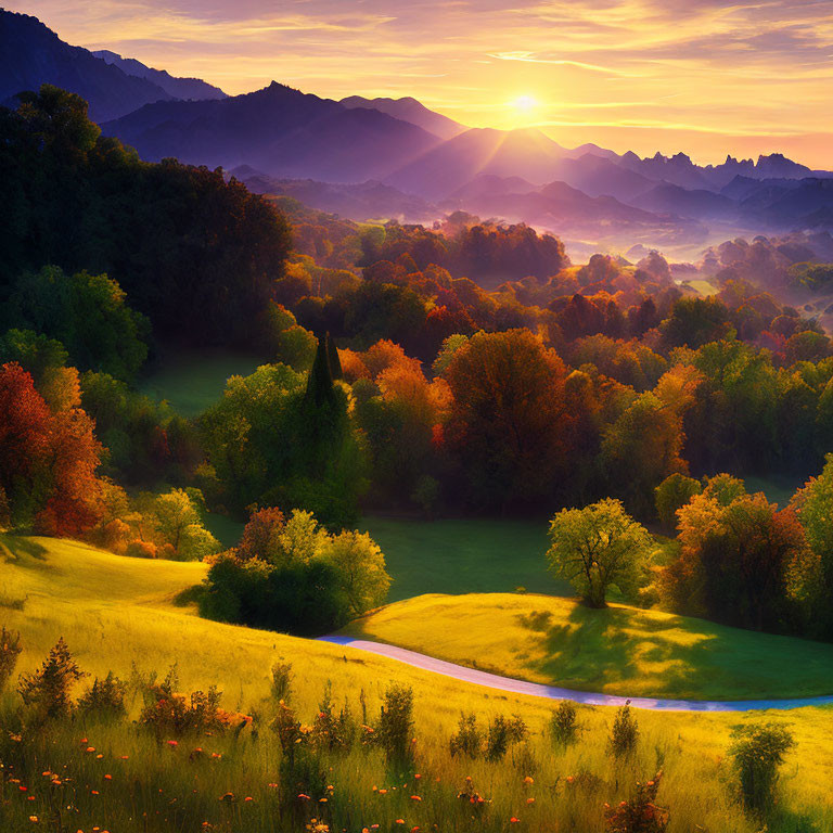 Vibrant autumn landscape with sunrise, mountains, and wildflowers