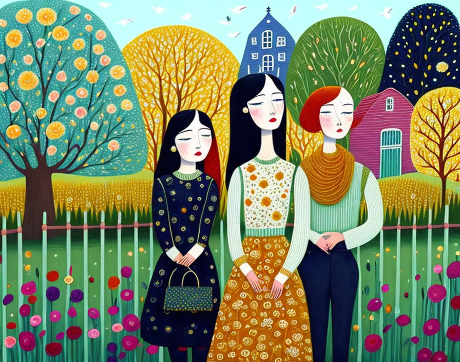 Colorful Trees and Whimsical Houses with Stylized Women in Vibrant Garden