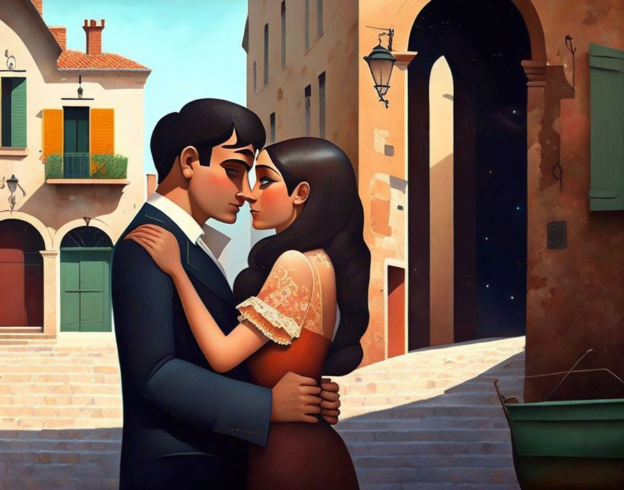 Illustration of couple embracing on European street