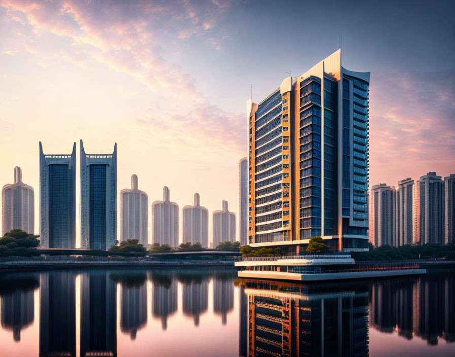 Skyscrapers Reflecting on Lake at Sunset: Architecture and Nature Harmony