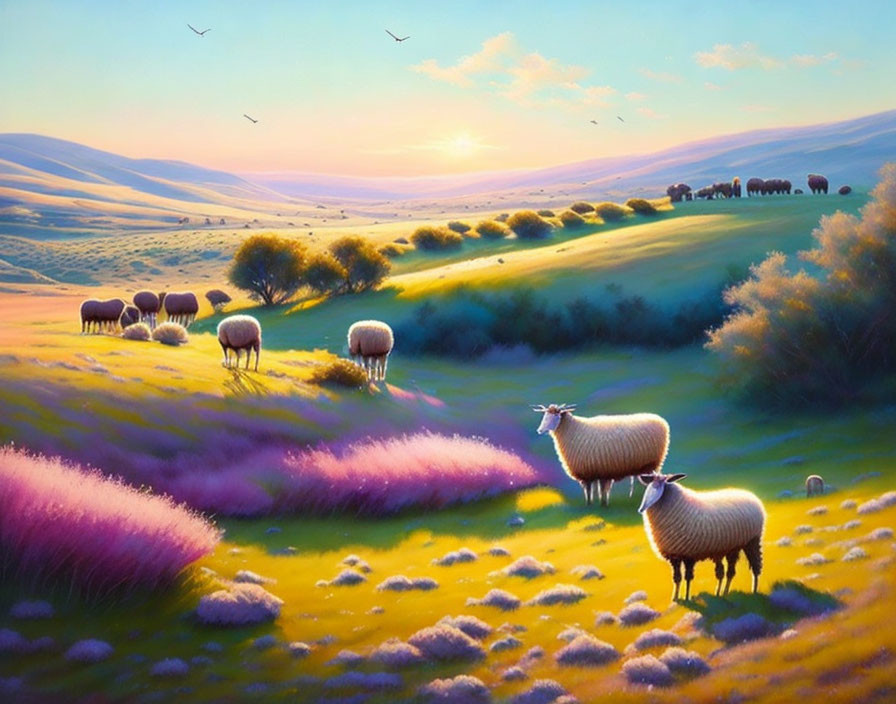 Tranquil pastoral scene with sheep grazing on green hills at sunrise