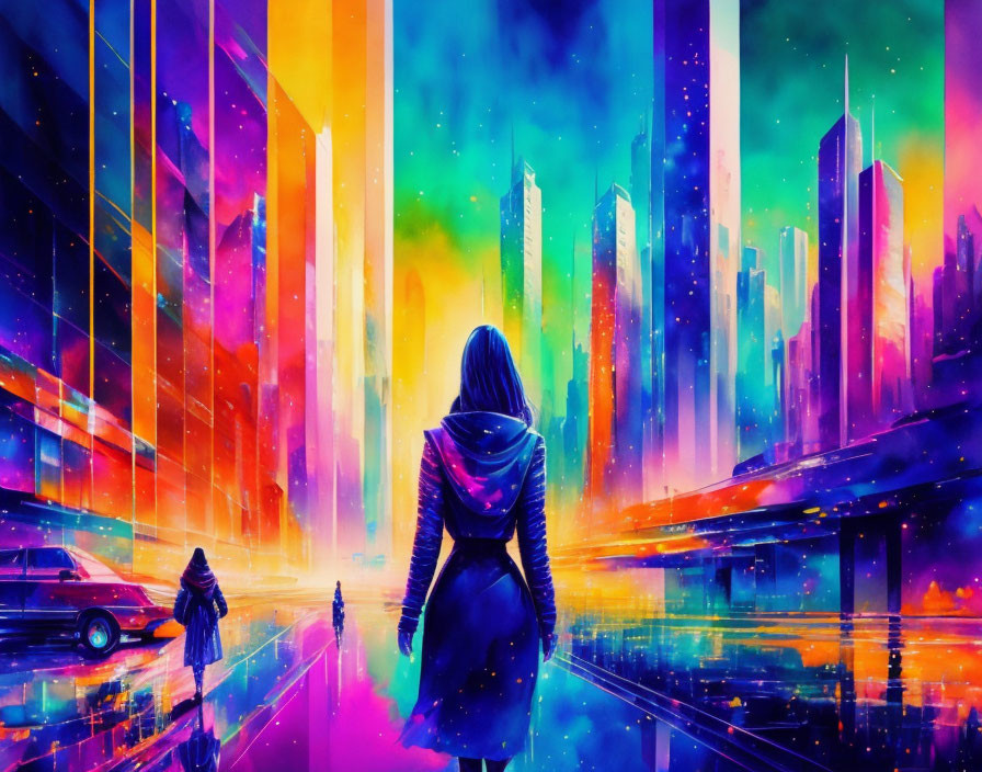 Neon-lit futuristic cityscape with woman and child walking under starry sky