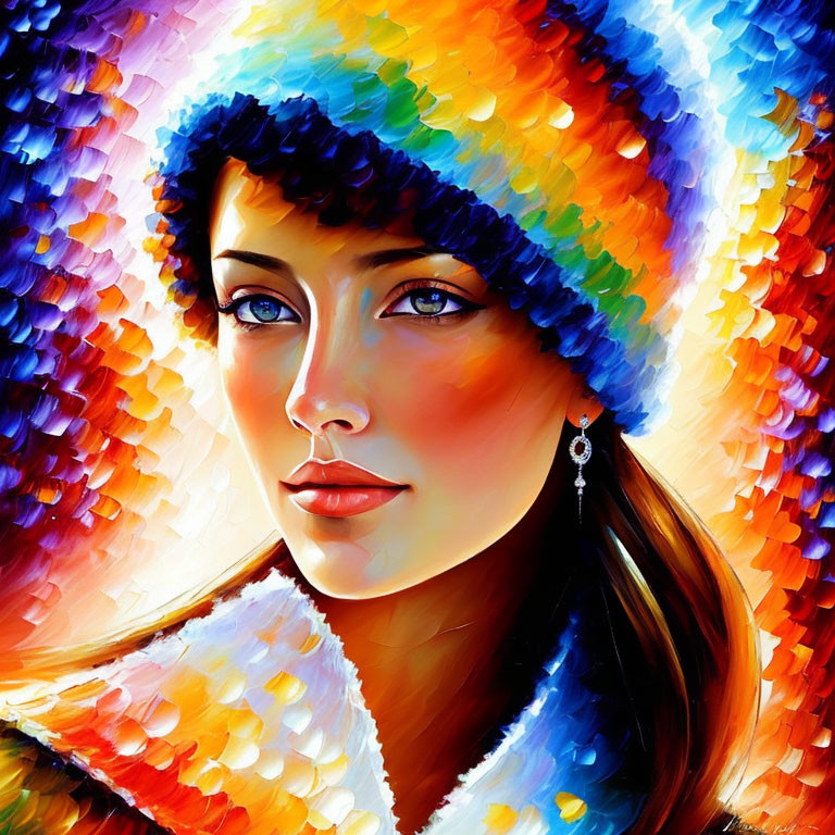 Colorful portrait of a woman with blue eyes in knit cap and white coat