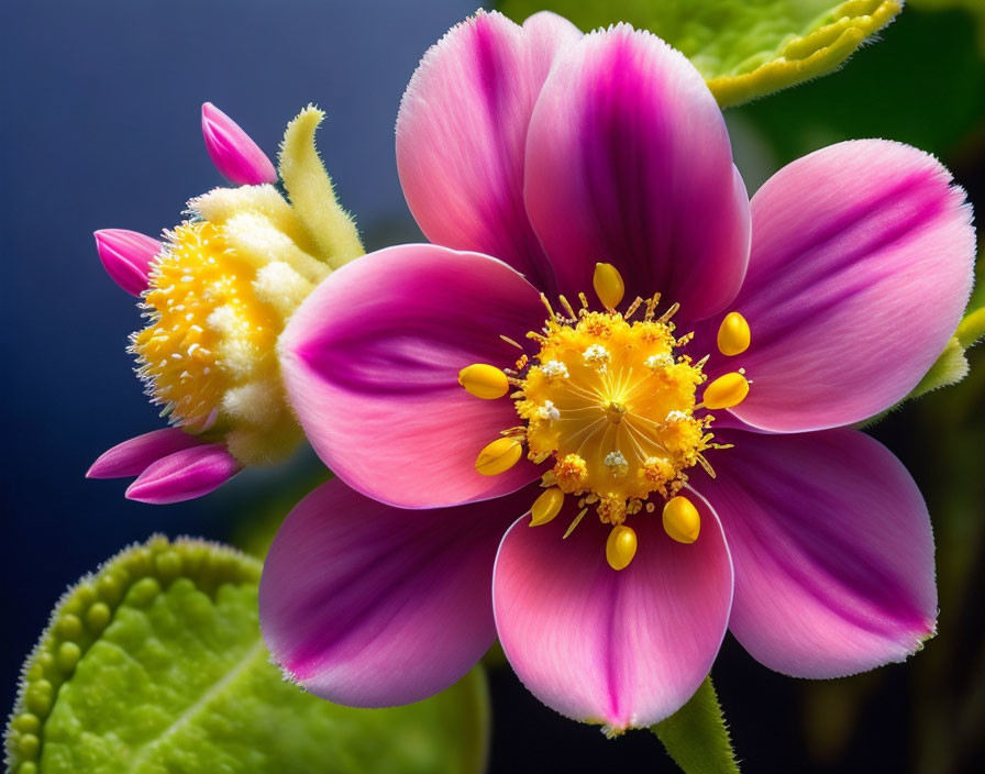 Vibrant pink flower with yellow center and bud on blue background