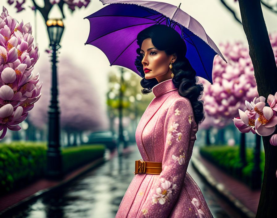 Woman with Purple Umbrella Among Blooming Magnolias on Misty Path