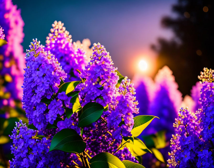 Purple Lilac Blossoms with Green Leaves Against Sunset Sky