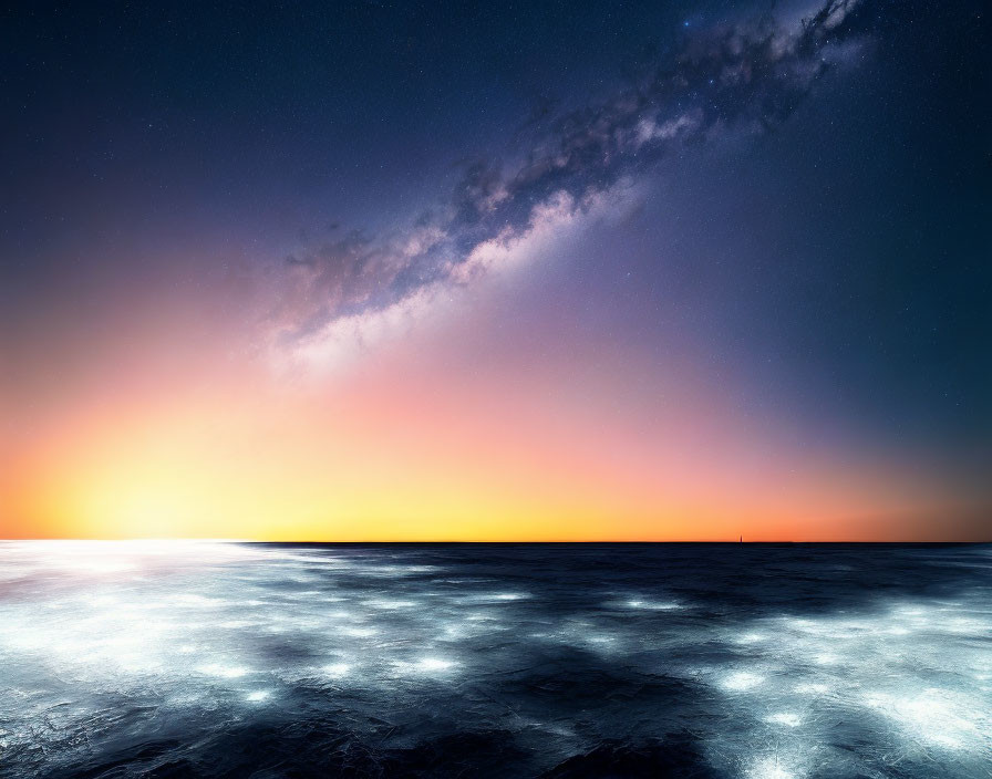 Vibrant sunset seascape with Milky Way over shimmering ocean