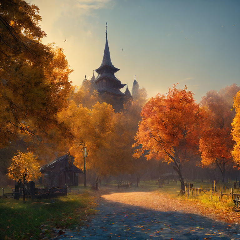 Autumn landscape with winding path through golden trees to fairy-tale tower