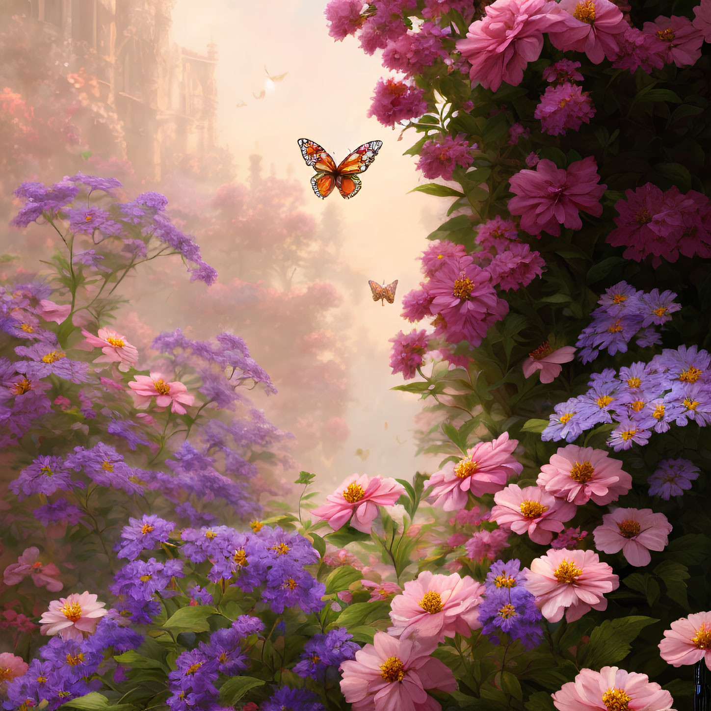 Tranquil floral landscape with pink and purple flowers and butterflies against golden backdrop