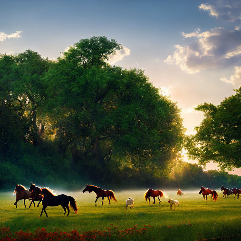 Herd of horses galloping in sunlit field with mist and trees