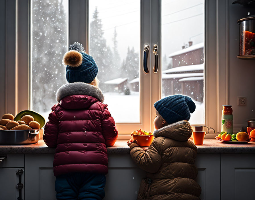 Children in winter attire eating snacks by kitchen counter with snowy view