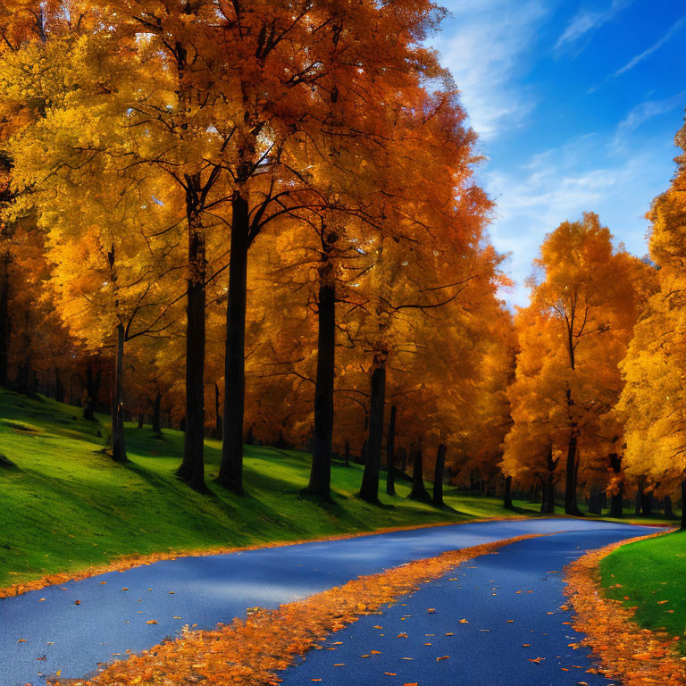 Scenic autumn park road with vibrant orange and yellow foliage