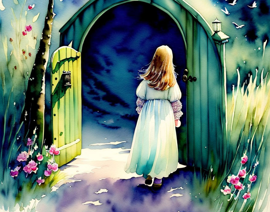 Young girl in white and blue dress by open green door under starry night