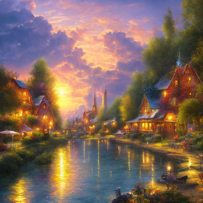 Scenic village at dusk with illuminated cottages near serene river