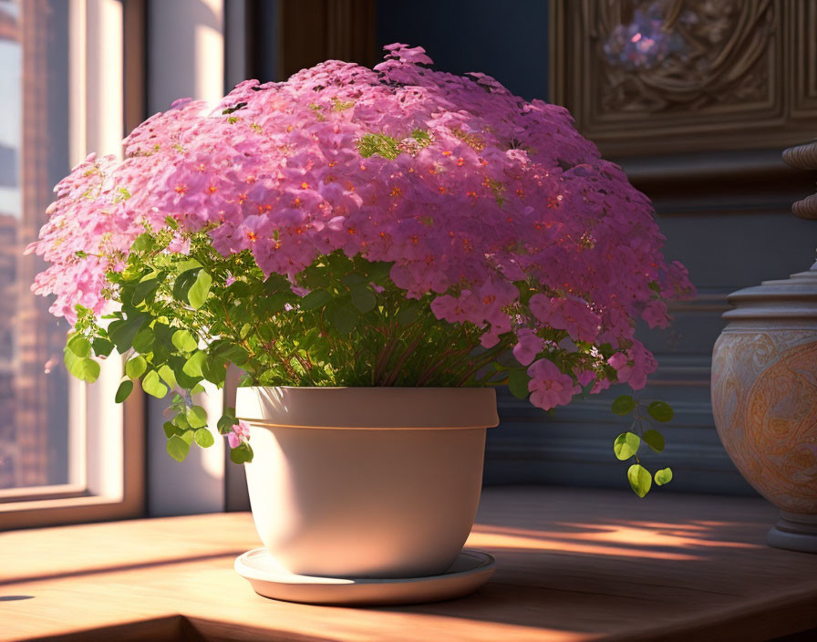 Pink flowering plant in beige pot on wooden surface with soft sunlight and decorative vase.