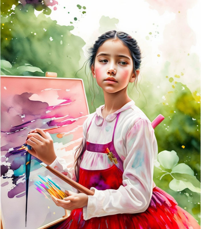 Young artist in colorful apron with paintbrushes and vibrant paint splashes on canvas