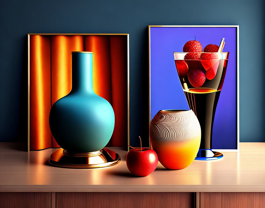 Turquoise vase, striped sphere, apple, framed images with drapes and fruit.