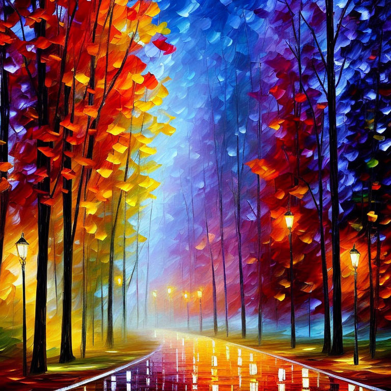 Vibrant Stylized Painting: Autumn Forest Path with Street Lamps