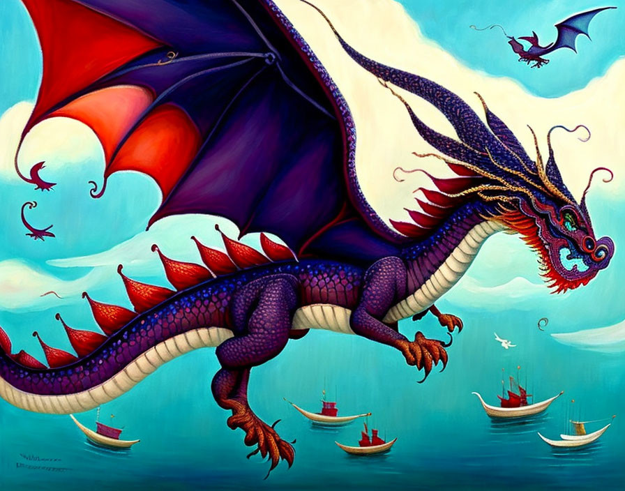 Majestic purple dragon flying over sea with boats and distant dragon