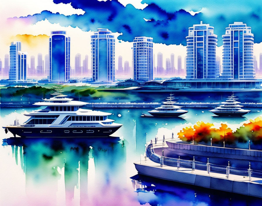 Vibrant watercolor city skyline with skyscrapers and waterfront yachts