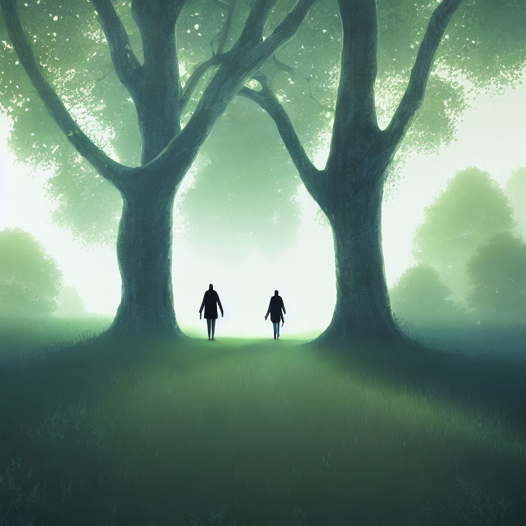 Silhouetted figures walking towards glowing mist in green forest