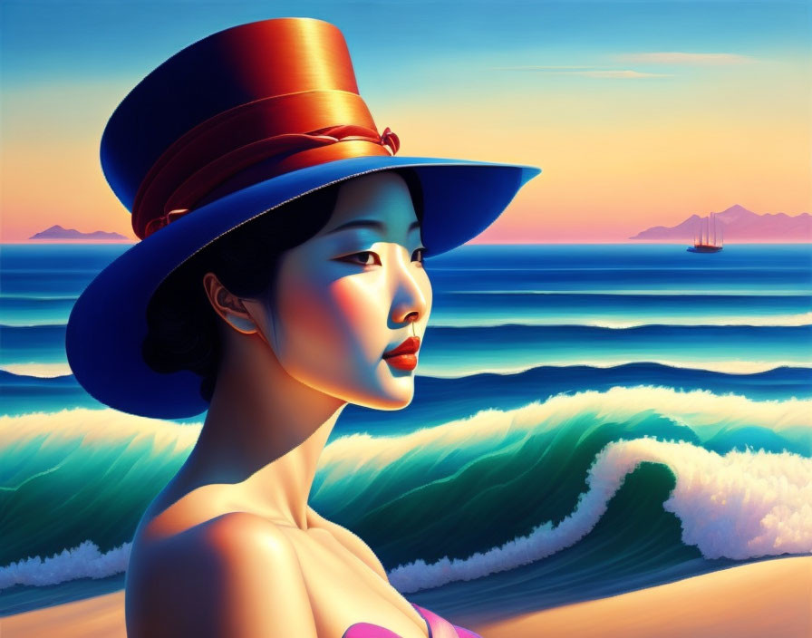 Colorful Stylized Portrait of Woman in Hat with Surreal Seascape Background