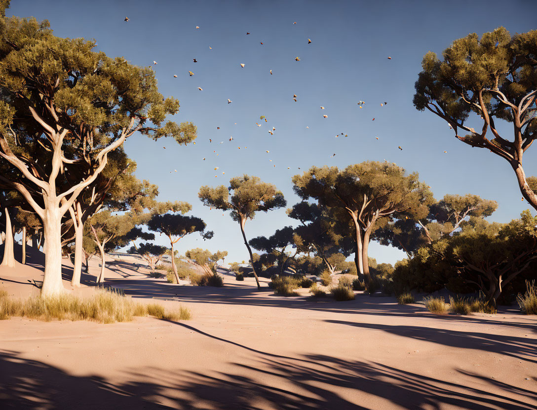 Birds flying over sandy terrain with shadow-casting trees under clear blue sky