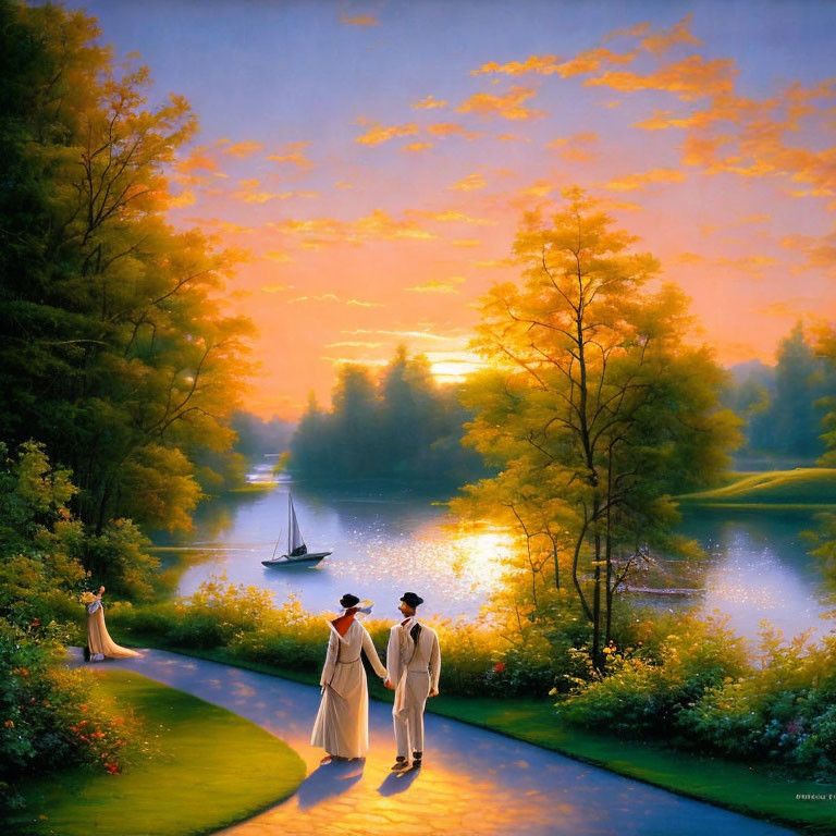 Serenity at sunset: Two figures by lake with sailboat & lush foliage