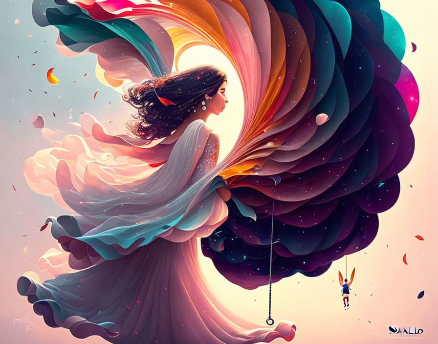 Colorful surreal illustration of woman merging into swirl with pendulum figure