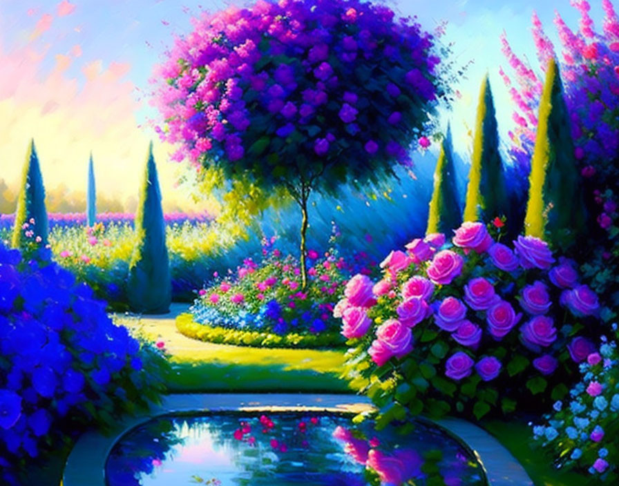 Colorful garden with water feature, purple tree, pink roses, blue shrubs, and cyp