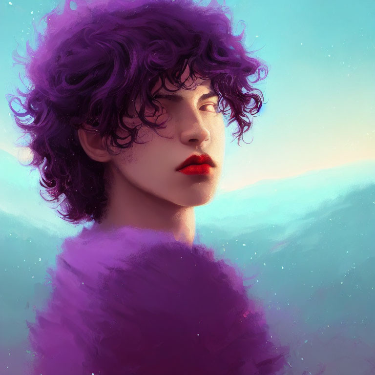 Illustration of person with purple hair and red lips against pastel sky