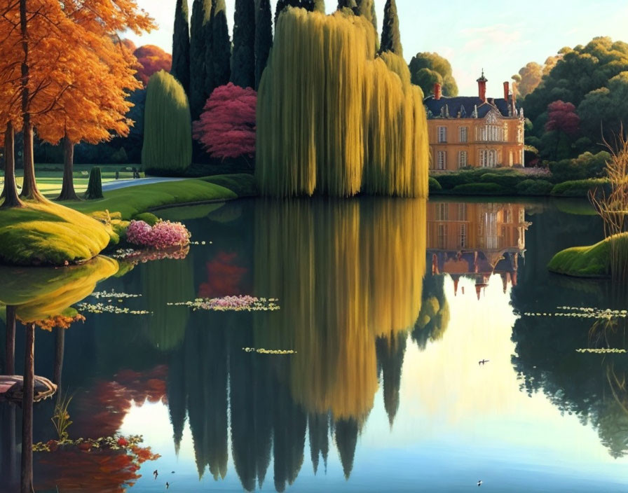 Classic mansion by reflective lake in autumn setting