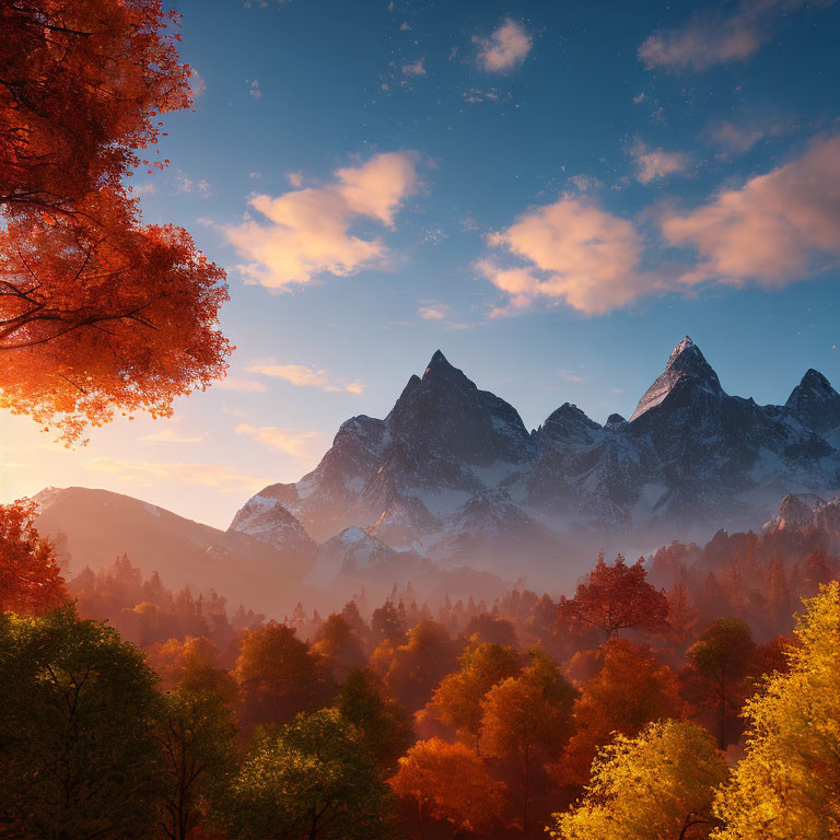 Vibrant Autumn Forest with Snowy Mountains and Sunrise Sky