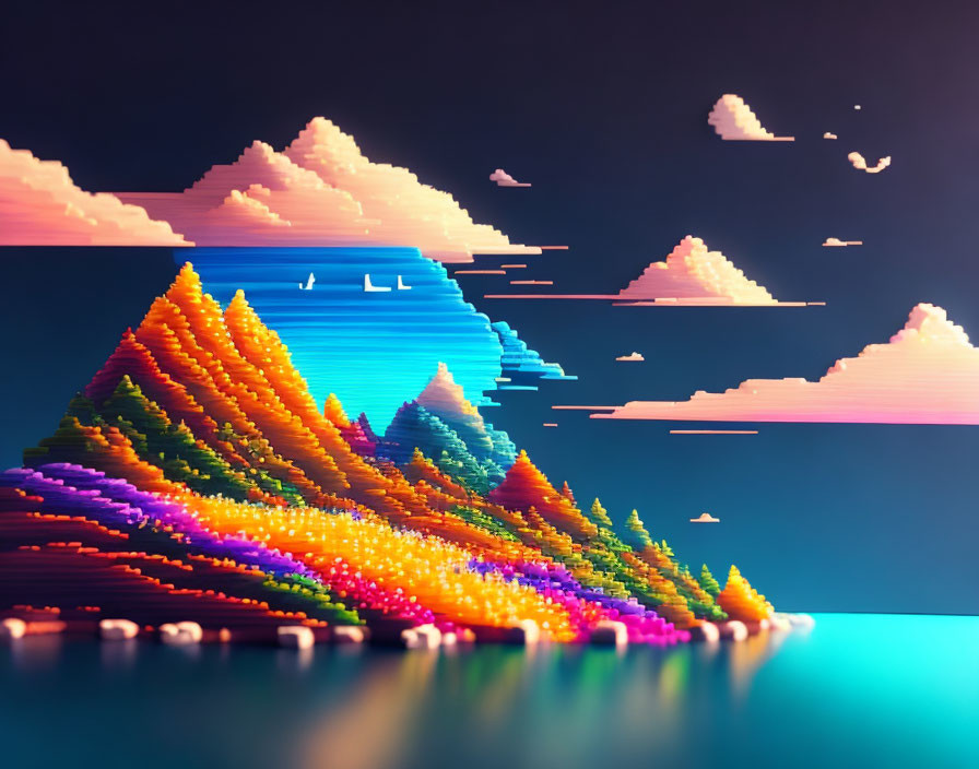 Vibrant pixel-art landscape: layered mountains, water reflections, pastel sky