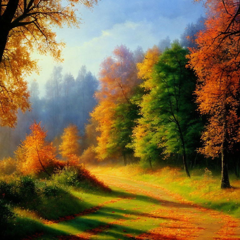 Sunlit Autumn Forest Path with Vibrant Orange and Yellow Leaves